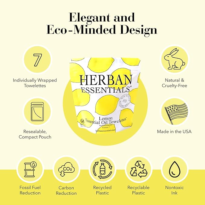 Herban Essentials - Lemon Wipes & Towelettes - Essential Oil Wipes for Make Up, Hands, Face & Body - Travel Size Essentials & Toiletries - Natural, Individually Wrapped, Disposable & Moist (7 count)