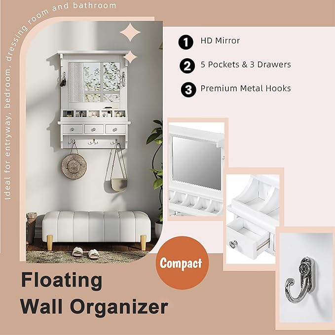 Merax Floating Hall Tree 2-in-1 Entryway Storage Makeup Vanity, with Coat Rack Hooks & 3 Drawers & Big Mirror & Key Hooks, Space-Saving Wall-Mounted Home Organizer for Small Space, White