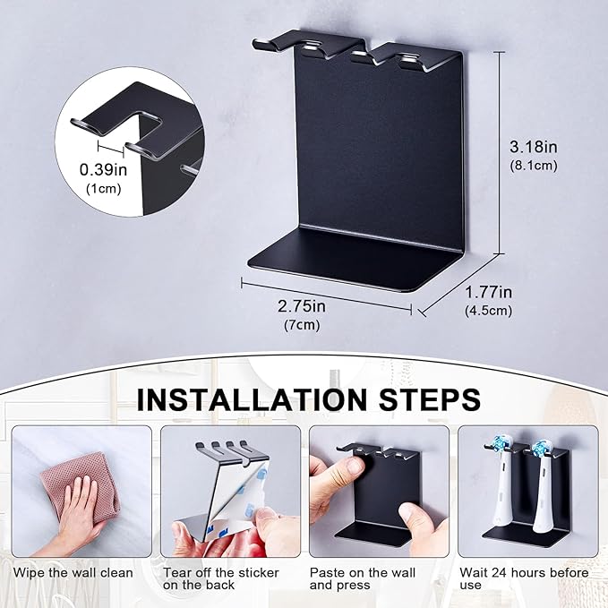 Electric Toothbrush Head Holder, Tooth Brushing Holder, Wall Mounted Toothbrush Holders Shower Bathroom, Self Adhesive or Desktop Tooth Brush Holder Organiser (Black, Small)