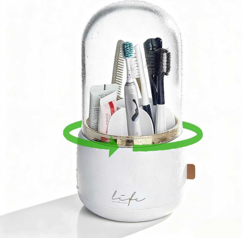 bubooo 360° Rotating Toothbrush Holder for Bathroom - Non-Slip Space-Saving 7-Slot with Cover & Drainage, Electric Toothbrushes/Toothpaste/Razor Organizer for Counter Vanity (White)