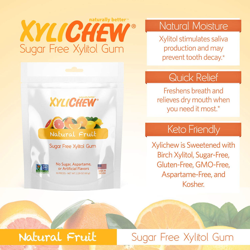 Xylichew 100% Xylitol Chewing Gum - Non GMO, Non Aspartame, Gluten Free, and Sugar Free Gum - Natural Oral Care, Relieves Bad Breath and Dry Mouth - Fruit, 50 Count