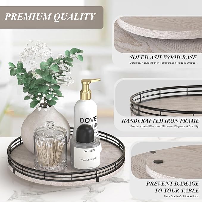 10" Oak Bathroom Vanity Tray Turntable for Perfume Candle, Round Wooden Decorative Tray for Kitchen Sink Countertop Organizer, Bathroom Counter Organizer for Skincare Makeup, Rustic Whitewased