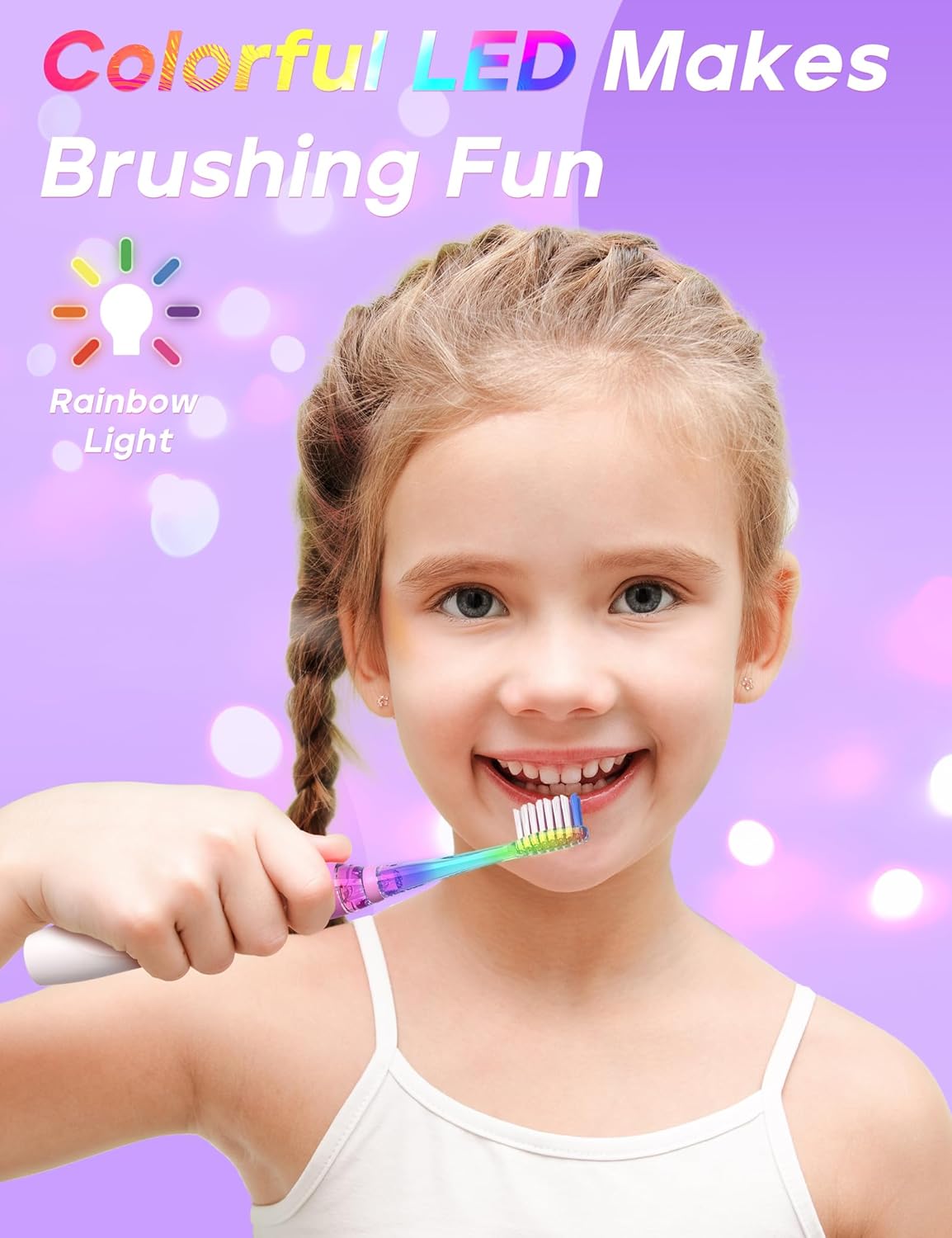 SEAGO Kids Electric Toothbrush with 2 Mins Brushing Timer and 4 Replacement Bursh Heads,Rainbow LED Light Make Brushing Fun, Purple Color Girls Battery Powerd Toothbrush for 4-12 Years Old，SG-977