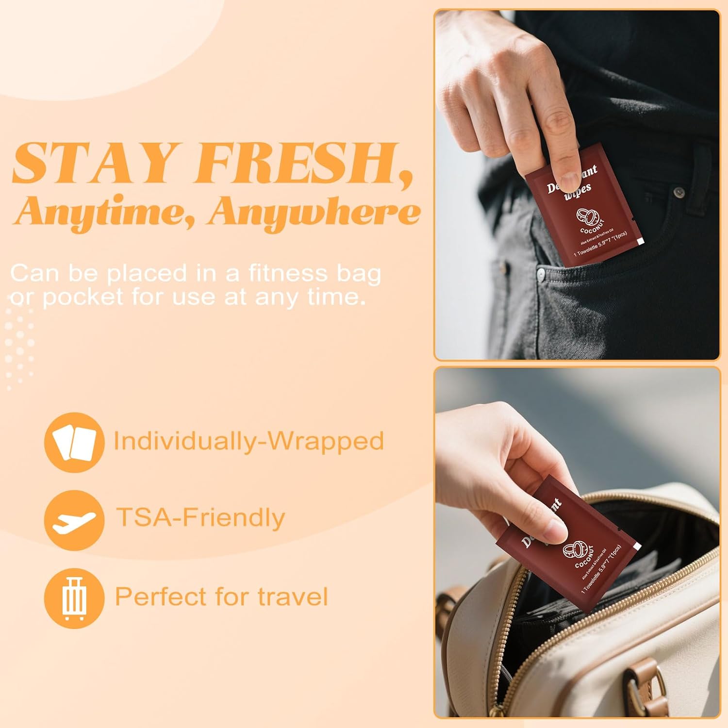 Travel Deodorant Wipes Individually Wrapped,Body Wipes to Clean Skin for Women Men（Coconut,pack of 50)