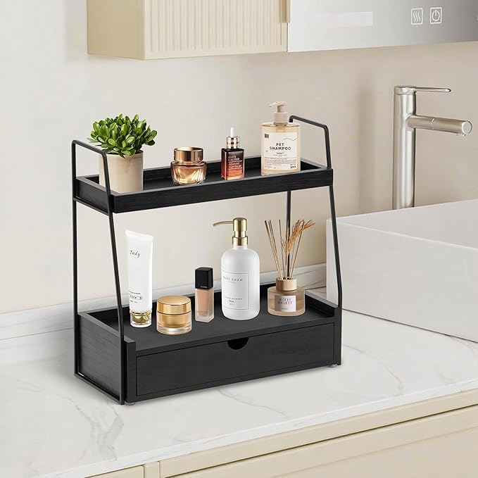 2-Tier Bathroom Organizer Countertop with Drawer, Wood Counter Organizer for Bathroom Decor, Sink Shelf for Vanity Storage, Makeup Tray for Perfume Skincare Bedroom Kitchen Corner