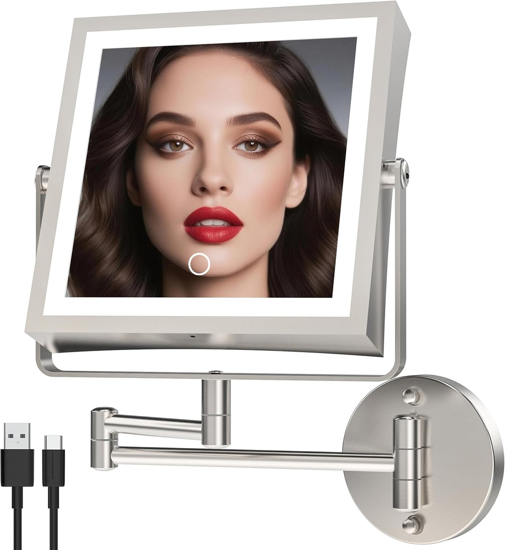 Rechargeable Wall Mounted Makeup Mirror with Lights, 4000mAh Double Sided 1X/10X Magnifying Vanity Mirror with 3 Color Lights, Touch Dimmable, 360° Extension Foldable Arm(Brushed Nickel）