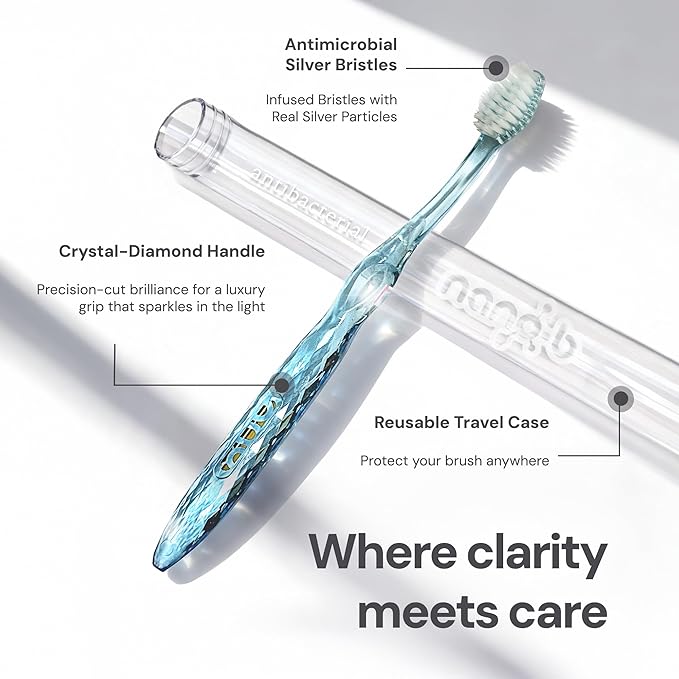 Nano-b Manual Toothbrush Set for Adults with Sensitive Gums, Silver Soft/Medium Bristles, Travel Cases, Blue, Pink, Green, Crystal, 12-Pack