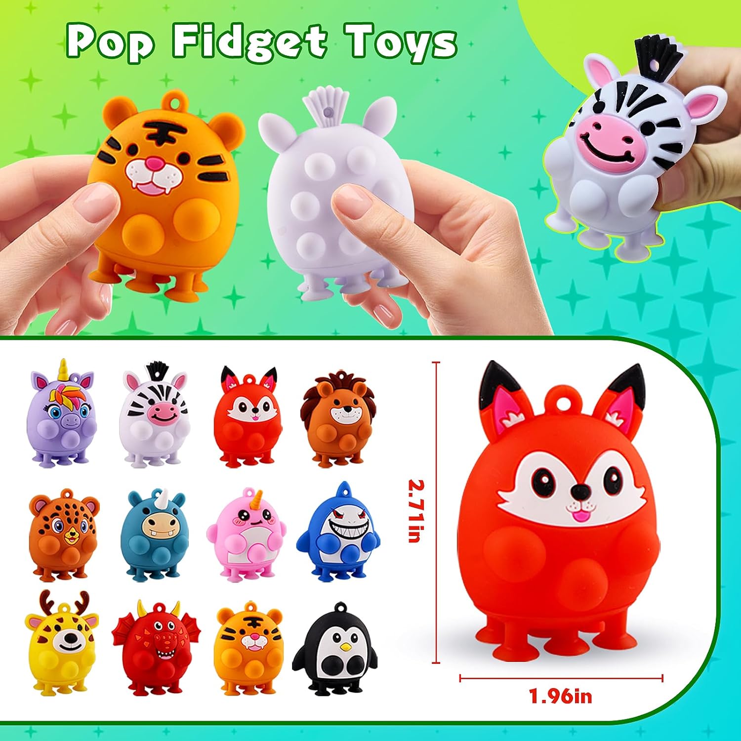 12 PCS Party Favors for Kids, Silicone Animal Pop Fidget Toys with Suction, Birthday Gifts for Boy Girls, Treasure Box Toys, Goodie Bag Stuffers, Prizes for Kids, Pinata Stuffers