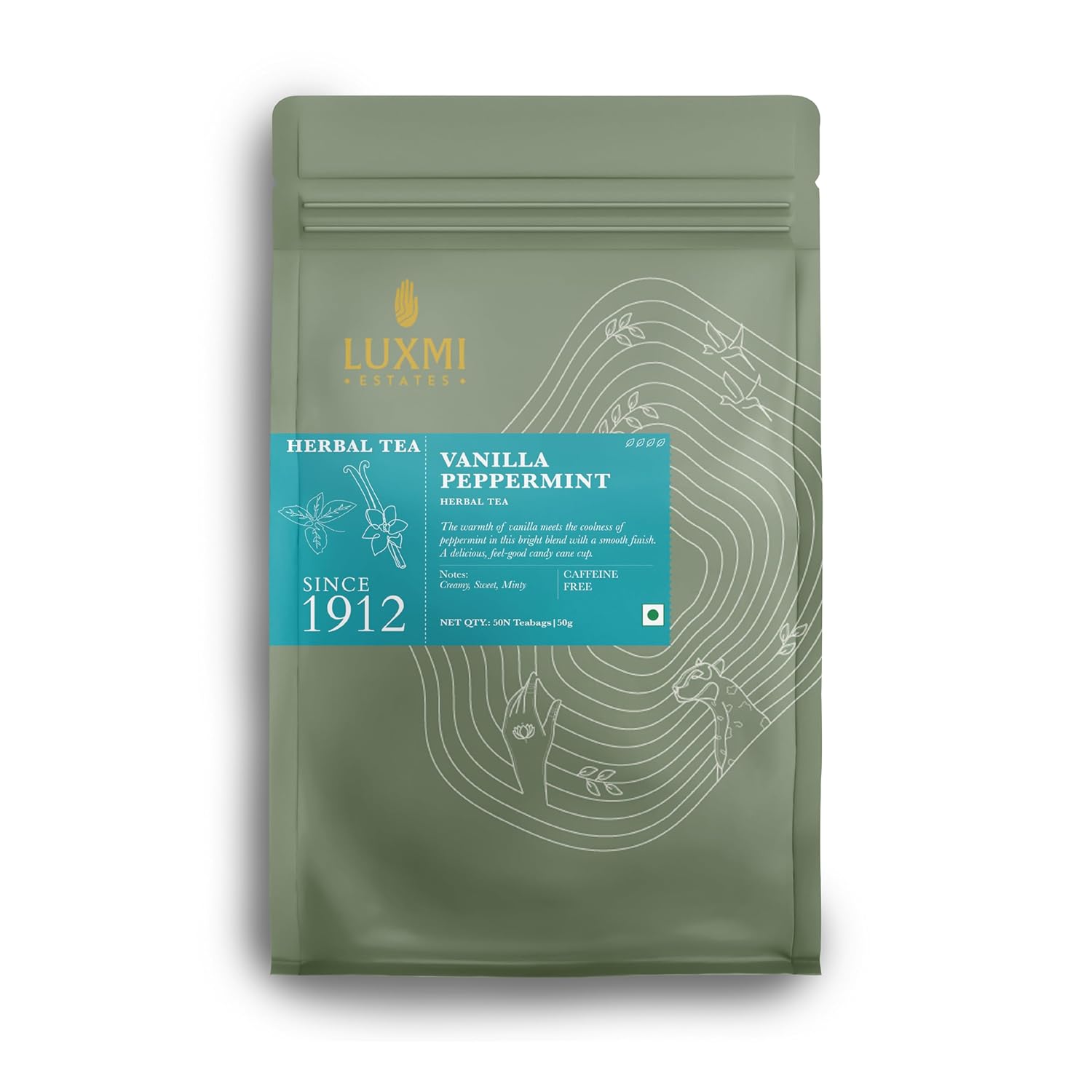 Luxmi Estates Vanilla Peppermint Organic Peppermint Tea (50 Tea Bags) Caffeine Free Tea Bags For Relaxing, Calming, and Stress Relief, With Certified Organic Herbal Tea