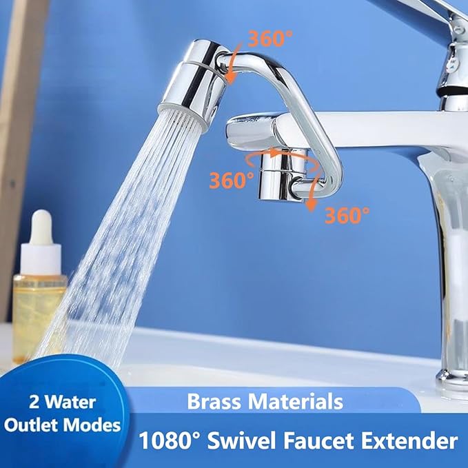 1080° Sink Faucet Aerator Extension Swivel Faucet Extender for Toddlers,2 Spray Modes Rotatable Bathroom Kitchen Faucet Extender for 25/32", 55/64",15/16" (Silver)