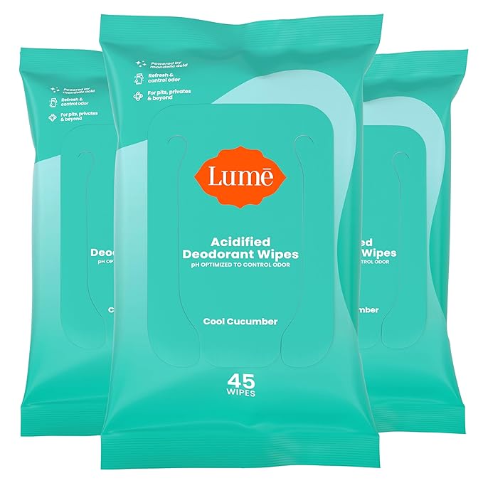 Lume Acidified Deodorant Wipes - 24 Hour Odor Control - Aluminum Free, Baking Soda Free, Skin Loving - 45 Count (Pack of 3) (Cool Cucumber)