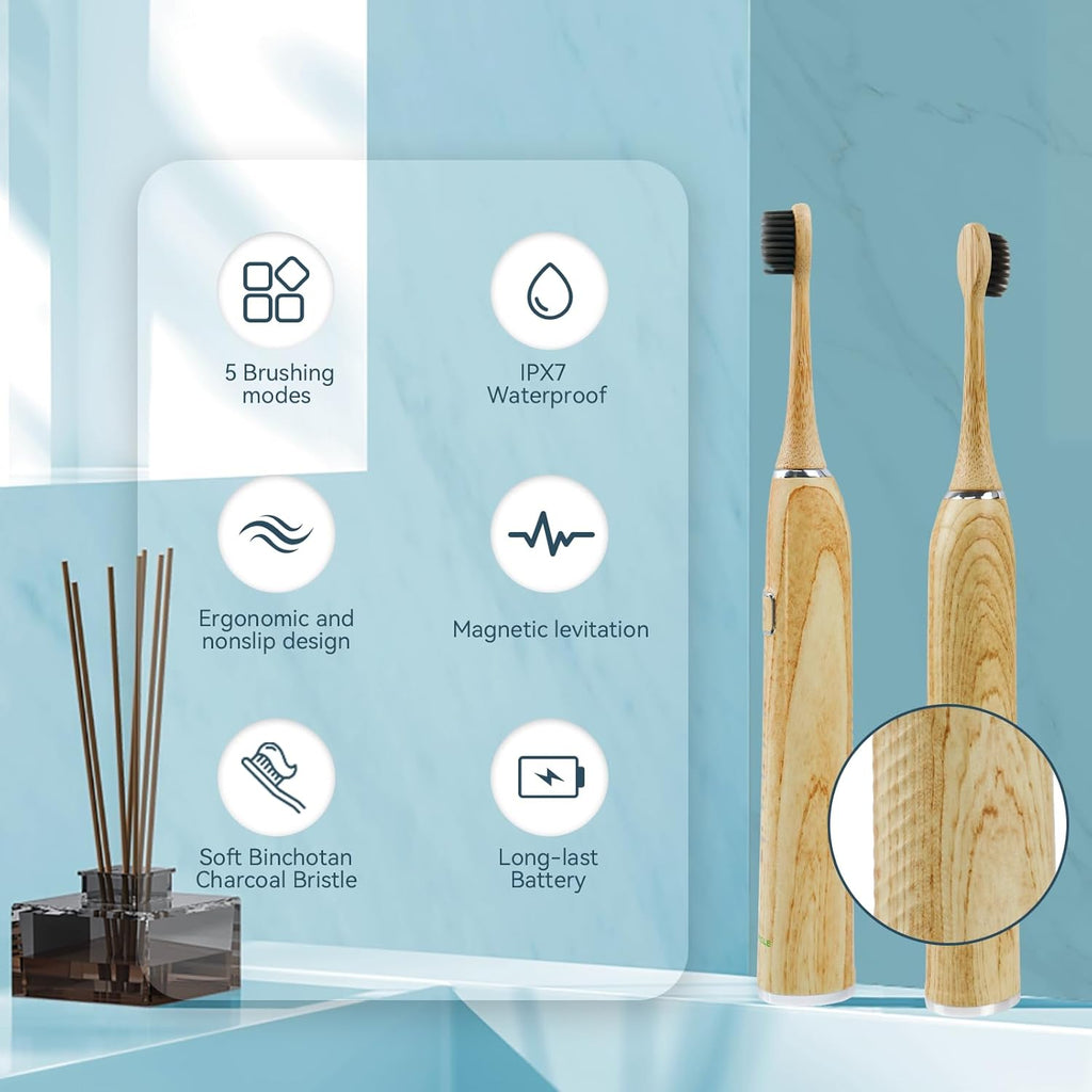 Bamboo Electric Toothbrush, Sonic Electric Bamboo Toothbrush for Adults, IPX7 Waterproof Rechargeable Toothbrush, 5 Cleaning Modes, 4 Bamboo Brush Heads Soft Bristle