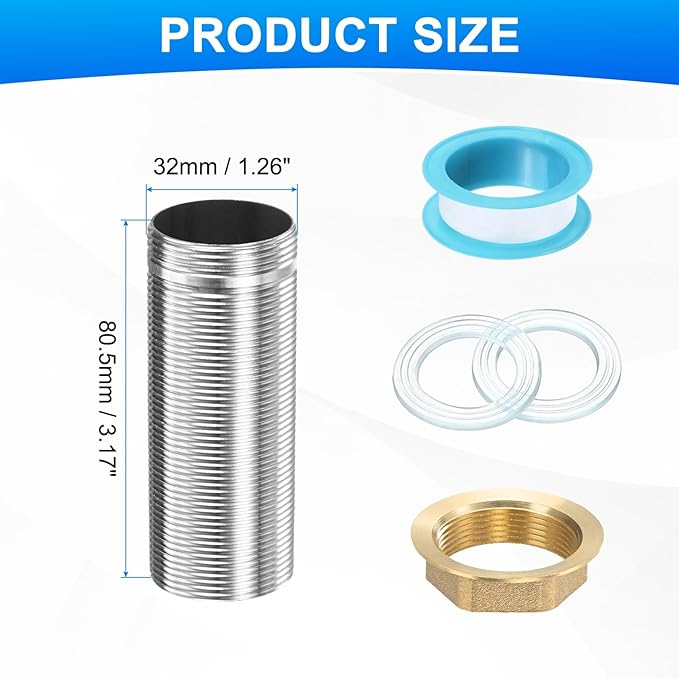 uxcell Faucet Mount Extension Shank 3.2"x 1.25" Stainless Steel Pipe Faucet Extension Nipple Locknut Kit Extension Threaded Lengthen Fixed High Foot with Raised Nut and Gasket Fittings