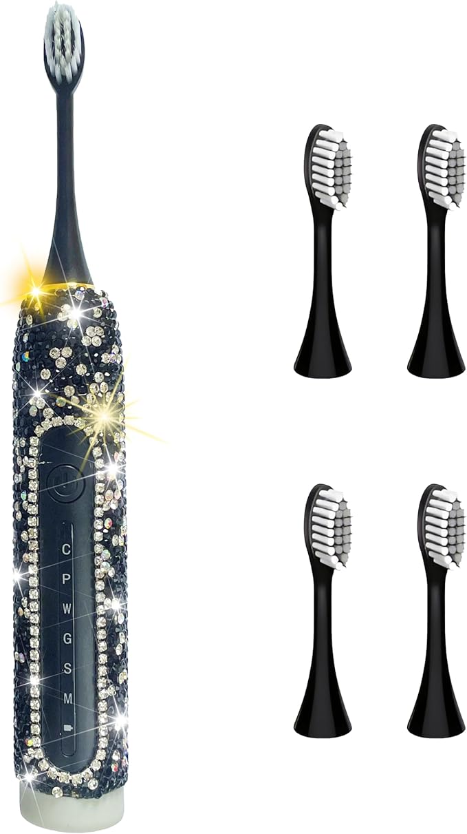 Electric Toothbrush for Woman Black Bling Diamond Decor Everyday Luxury Limited Edition Portable Travel Essentials for Women Black Toothbrush with 3 Replacement Heads 6 Modes