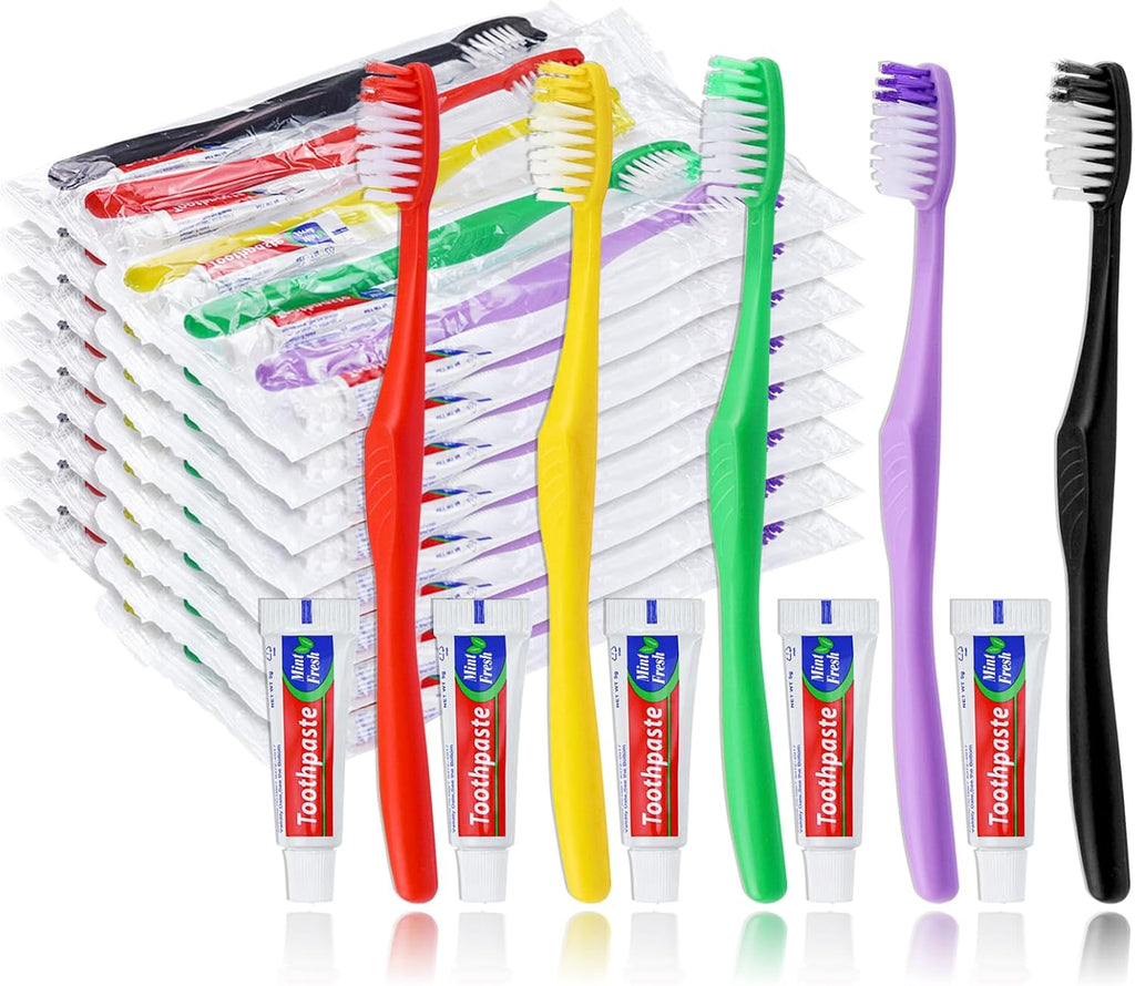 100pcs Disposable Toothbrushes with Toothpaste,Single Use Toothbrush with Toothpaste Individually Wrapped Disposable Travel Toothbrushes Kit Bulk for Homeless,Hotel,Guests(5 Colors)