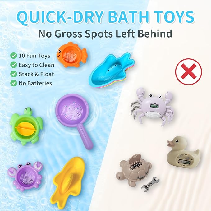 10PCS Baby Bath Toys for Kids Ages 1-3 – Easy-to-Clean Bathtub & Pool Water Toys for Toddlers 1-3 and Babies 12-18 Months, with Floating Boats, Stacking Cups and Pouring Fun