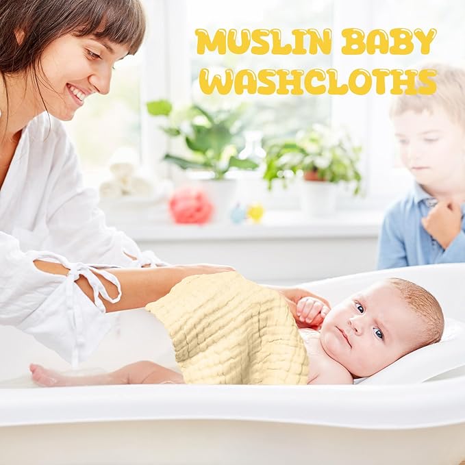 Breling 20 Pcs Baby Muslin Washcloth 12 x 12 Inch 100% Cotton Soft and Absorbent Muslin Washcloth Burp Cloth Wipe Newborn Face Towel for Baby Boy Girl Sensitive Skin(White, Light Yellow, Yellow)