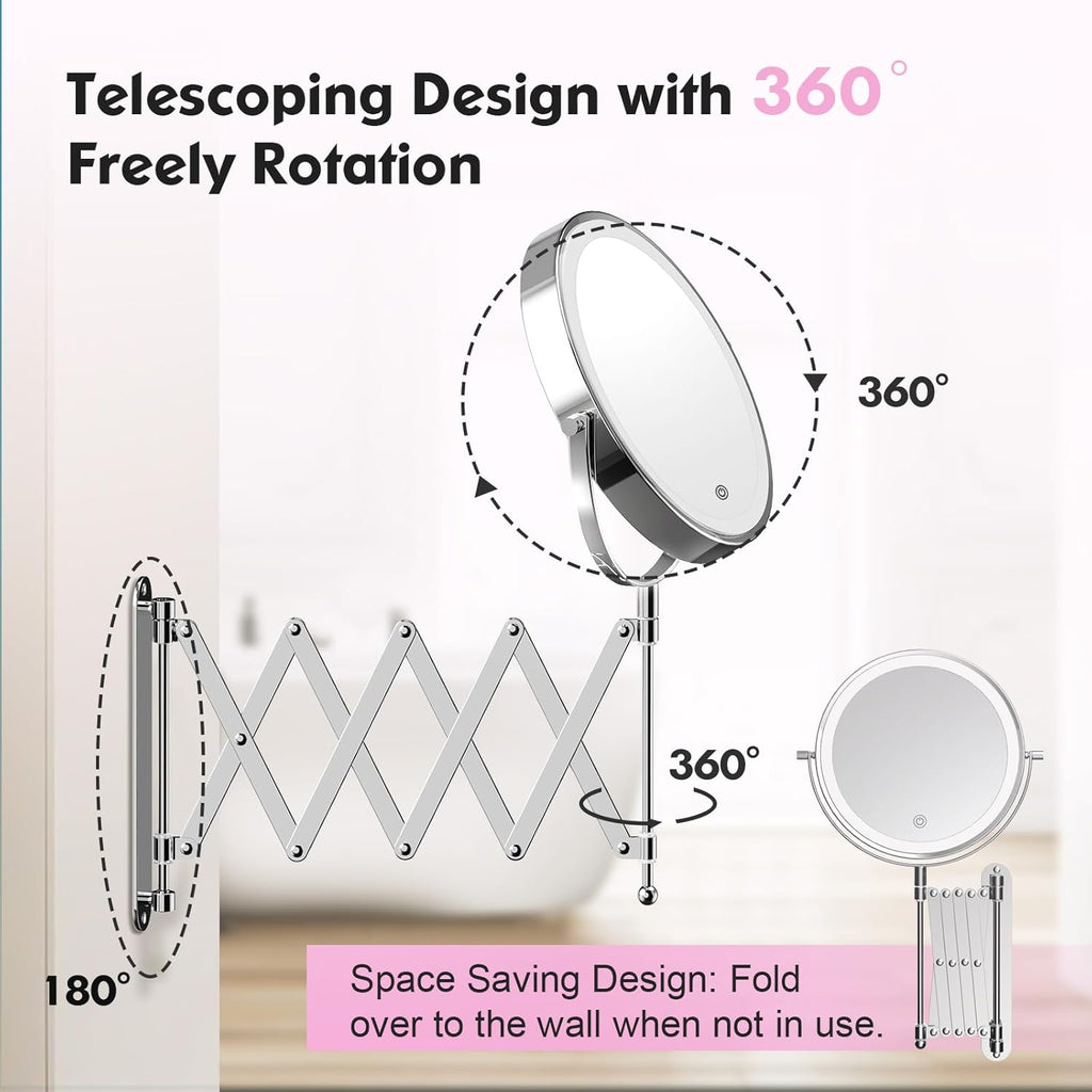 Rechargeable Wall Mounted Makeup Mirror - 8 Inch Double Sided 1X/20X Magnifying Mirror with 3 Color Lights Dimmable Touch Screen, 360°Swivel 19.6 Inch Extendable Accordion Bathroom Mirror