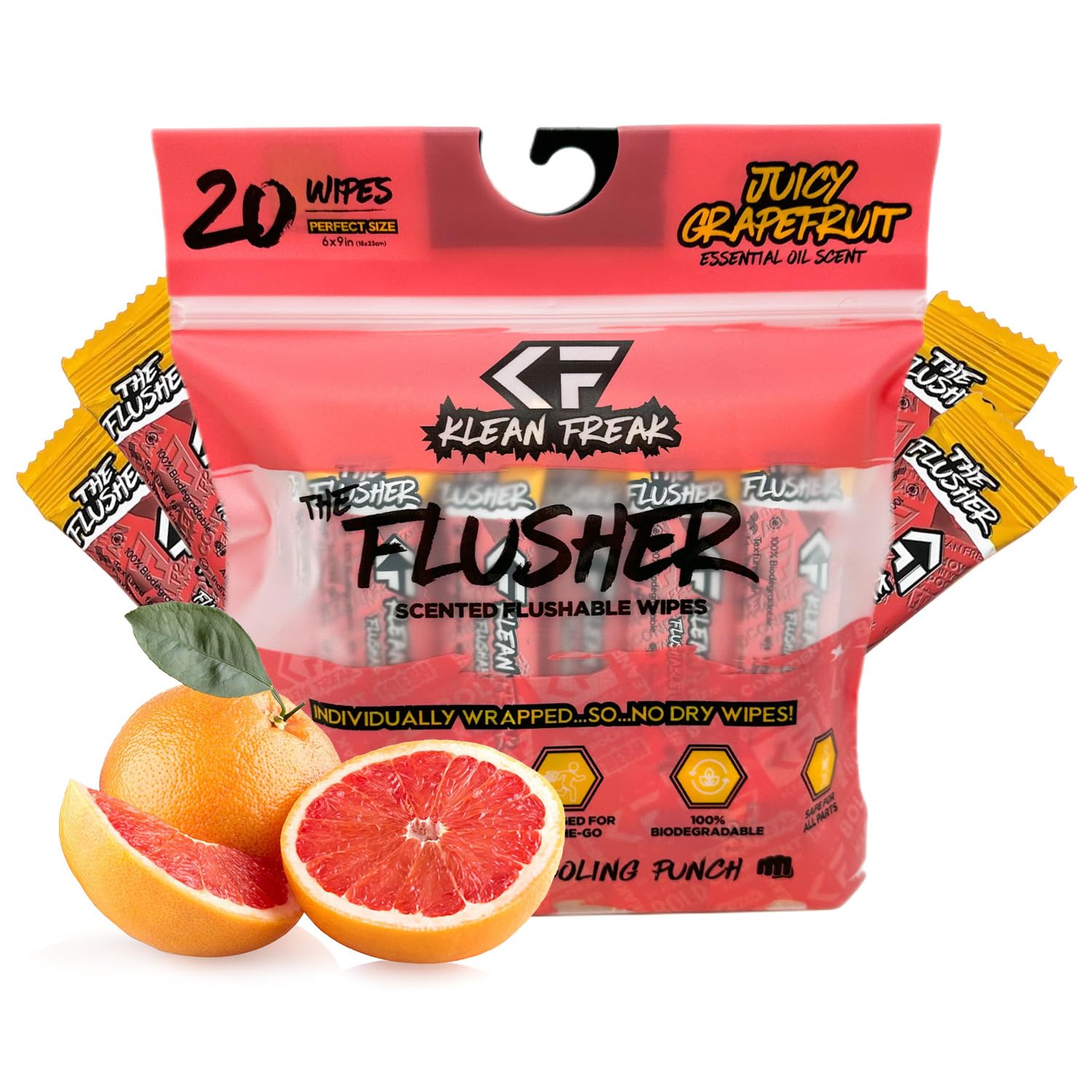 THE KLEAN FREAK FLUSHER -Flushable Wipes For Adults & Kids - 100% BIODEGRADABLE Individual Wrapped Travel WET Wipe for Toilet - Soothing Aloe & Witch Hazel - Alcohol Free 20 Pack - Juicy Grapefruit