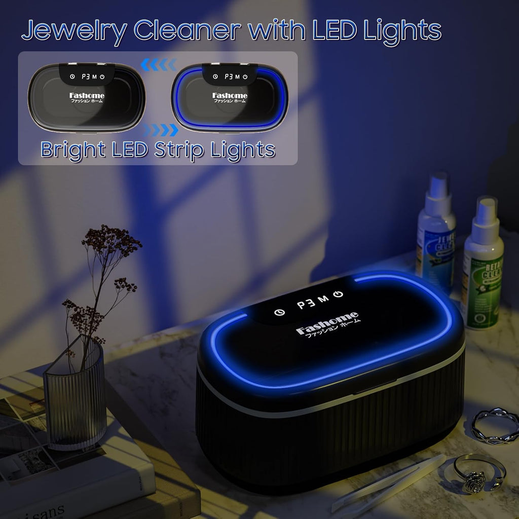 Ultrasonic Cleaner Set with Basket & Light, 304 Stainless Steel Tank, Includes 2×100ml Cleaning Solutions for Silver, Gold, Diamond Rings, Retainers, Glasses, Dentures & Watches