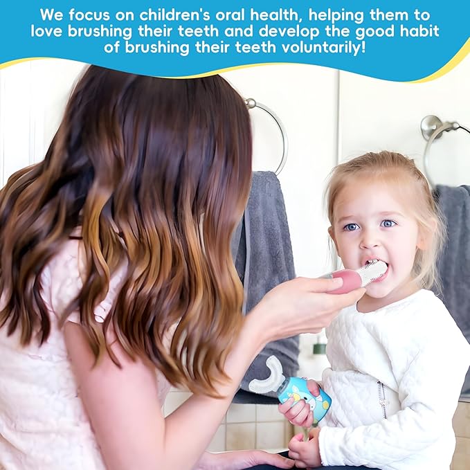 Kids U Shaped Electric Toothbrush 4 Brush Heads, Automatic Sonic Toothbrush Kids 2 Modes, Cartoon Design 360-Degree Cleaning IPX7 Waterproof,Pink