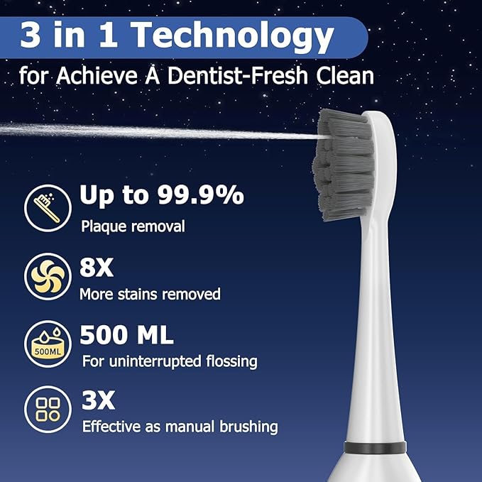 Electric Toothbrush with Water Flossers for Adults, Upgrade Flossing Toothbrush Combo, 5 Floss Speeds&3 Brush Modes, 500mL Tank, 30-Day Battery, for Adults & Teens, Gums, Braces, Dental Care, White