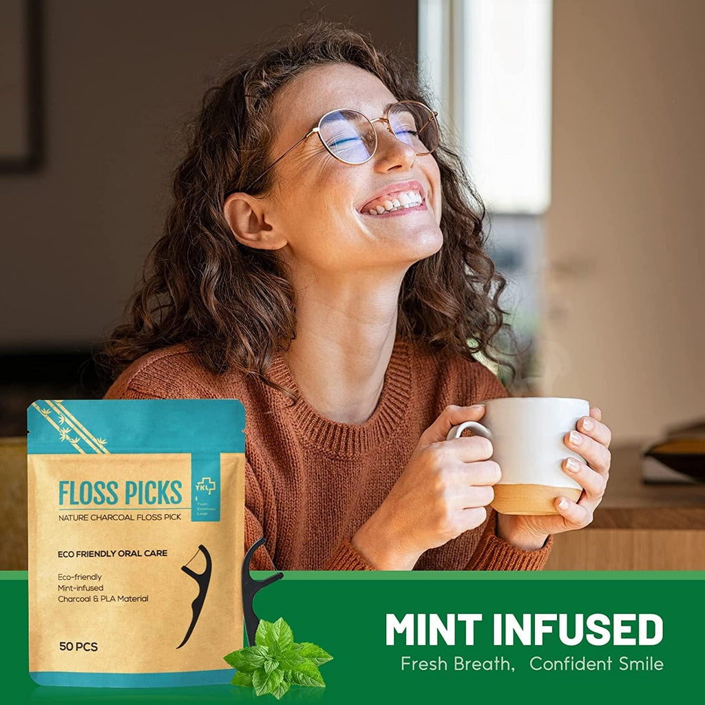 Y-Kelin Natural Dental Floss Picks - Vegan, Eco Friendly Black Bamboo Charcoal Dental Teeth Stick Tooth Pick Toothpick Flosser for Oral Care with a Fresh Feel Minty Flavor (200 Pcs)