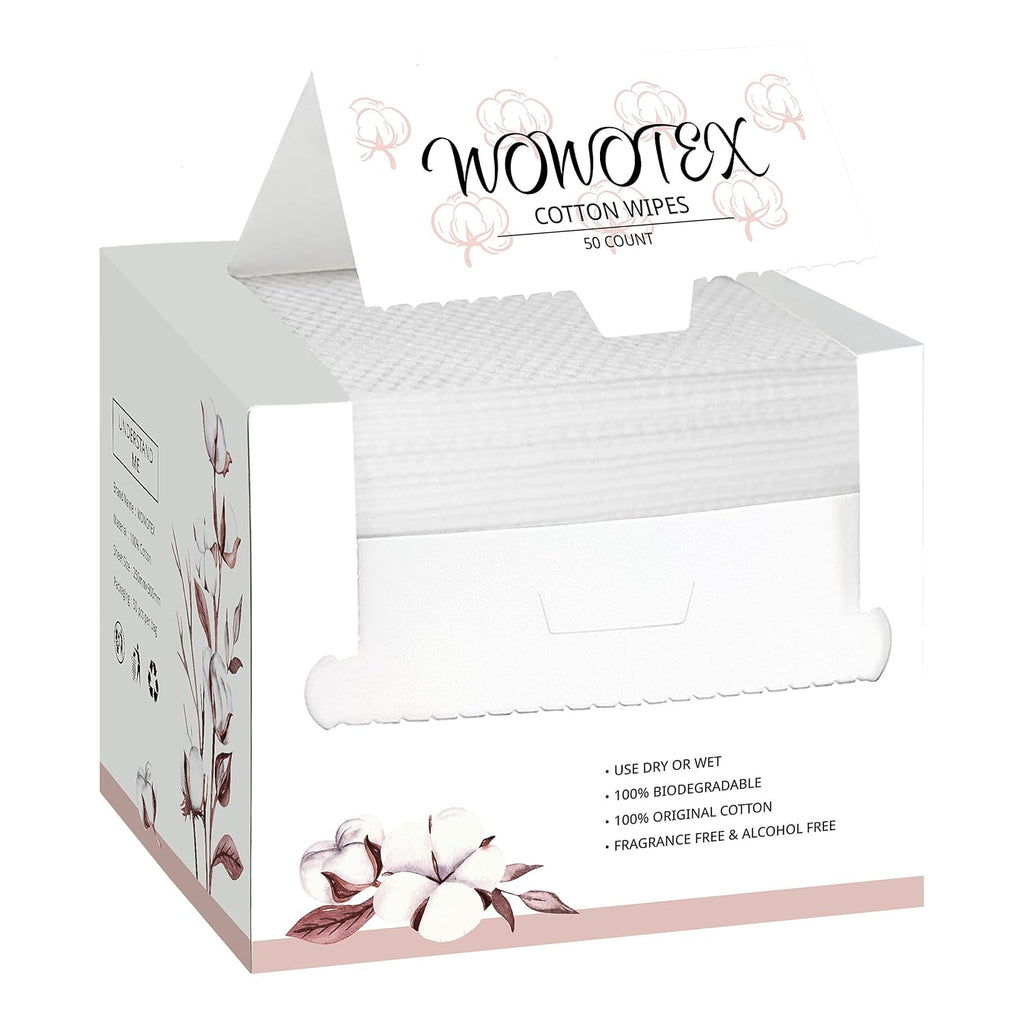 100% Cotton Disposable Face Towel 50 Count 10x12 Inch | Biodegradable Thick Soft One Time Use Dry Wipes for Sensitive Skin, Baby Care, Facial Cleaning, Makeup Removal