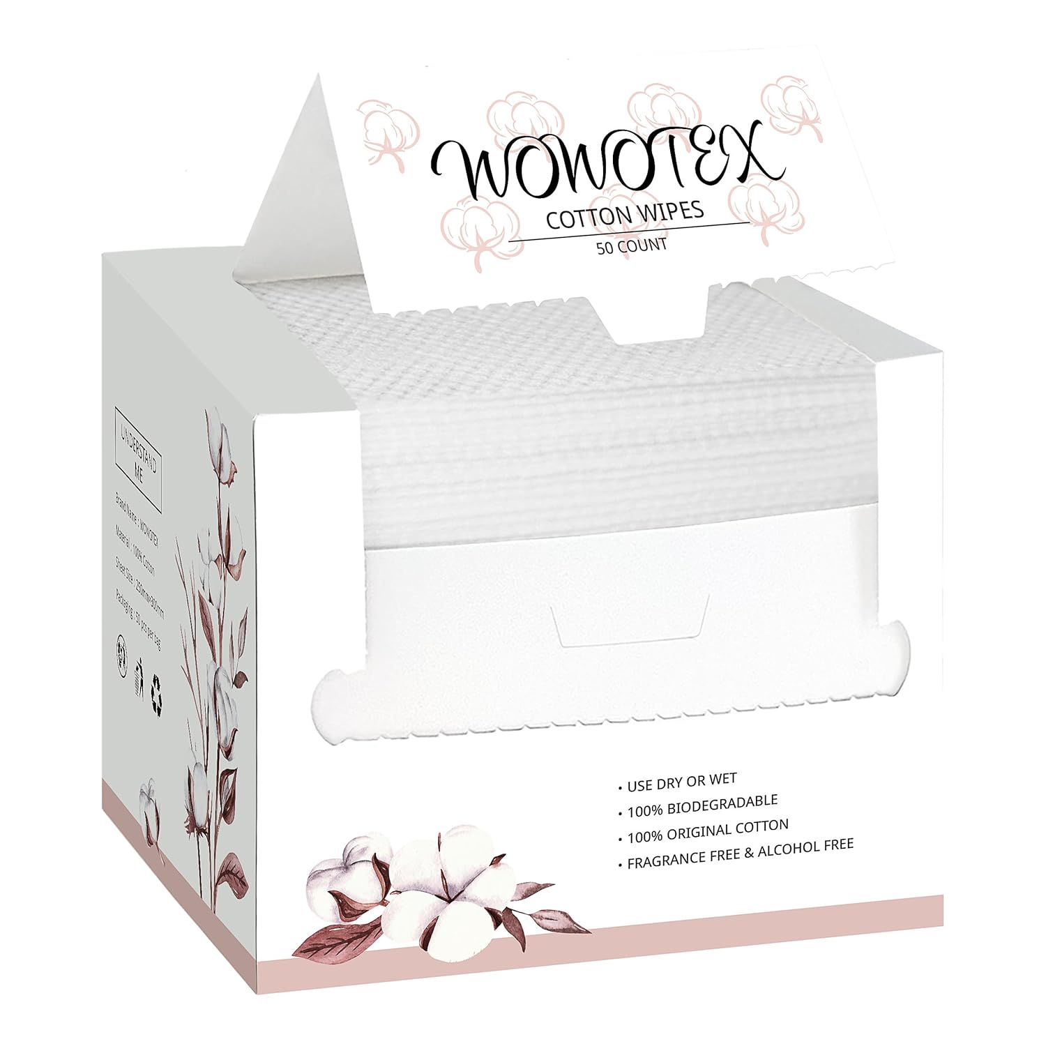 100% Cotton Disposable Face Towel 50 Count 10x12 Inch | Biodegradable Thick Soft One Time Use Dry Wipes for Sensitive Skin, Baby Care, Facial Cleaning, Makeup Removal