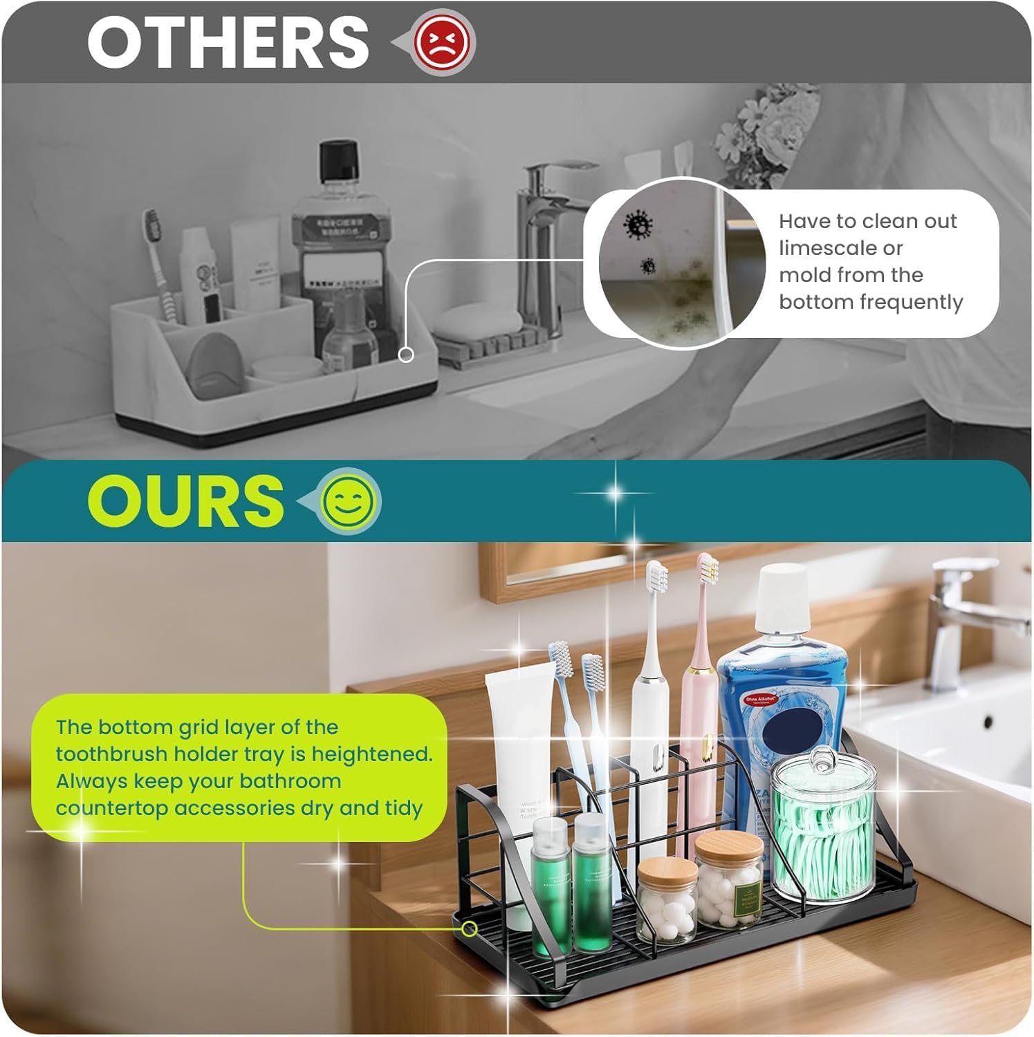 Toothbrush Holders Set with 2 Pack Qtip Holder Dispenser, Kids Electric Toothbrush and Toothpaste Holder, 7 Slots Tooth Brushing Holder for Bathroom Sink Countertop Organizer and Storage Accessories