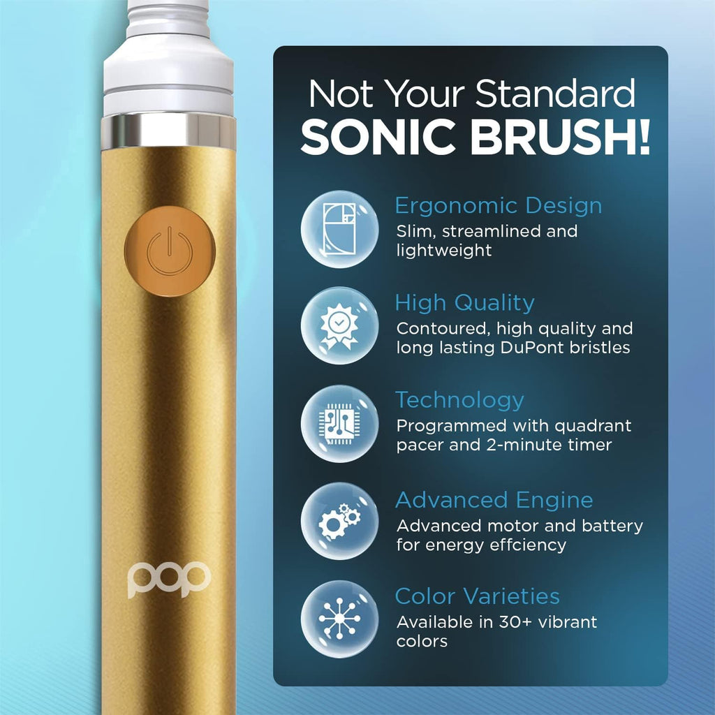 Pop Sonic Electric Toothbrush (Metallic Gold) - Travel Toothbrushes w/AAA Battery | Kids Electric Toothbrushes with 2 Speed & 15,000-30,000 Strokes/Minute, Dupont Nylon Bristles