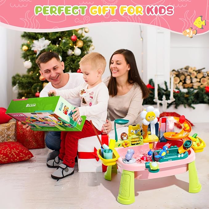 2026 Upgraded Toddler Sand Water Table Toy with Electric Water Pump, Kids Sand Water with Faucet/Play Food Accessories/Fishing Toy, Kitchen Play Sink Toys for Girl Boy Age 3+ (Pink)