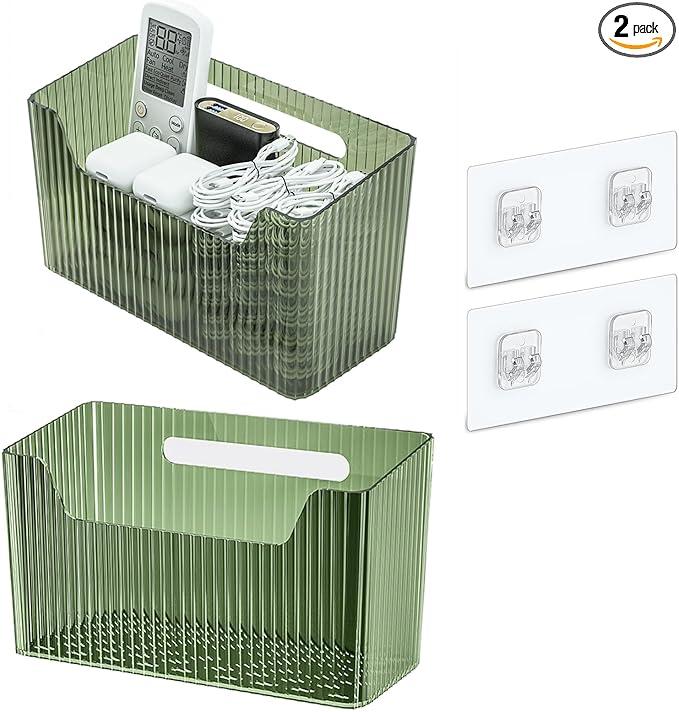 Set Of 2 Storage Organizer Bins Wall Mounted Shower Basket, Shower Caddy Stackable Clear Plastic Makeup Organizer Adhesive Hanging Bin for Bathroom, Kitchen, Cabinet, Pantry, BPA Free, Green