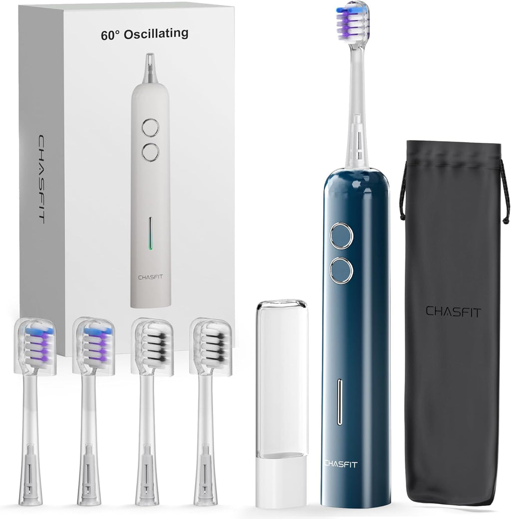 Electric Toothbrush Wave Oscillation & Vibration Sonic Tooth Brush for Adults BASS-Brushing Technique Travel Rechargeable Toothbrushes 4 Soft Bristle Replace Heads IPX7 Gifts for Men Women Bluey