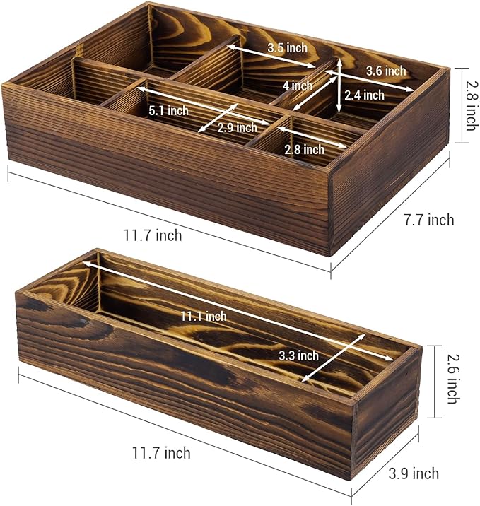 MyGift Counter Storage Organizer, 2 Tier Rustic Burnt Solid Wood Stackable Modular Vanity Countertop Storage Organizer Trays, Decorative Bathroom Makeup Cosmetic Box, 2 Piece Set