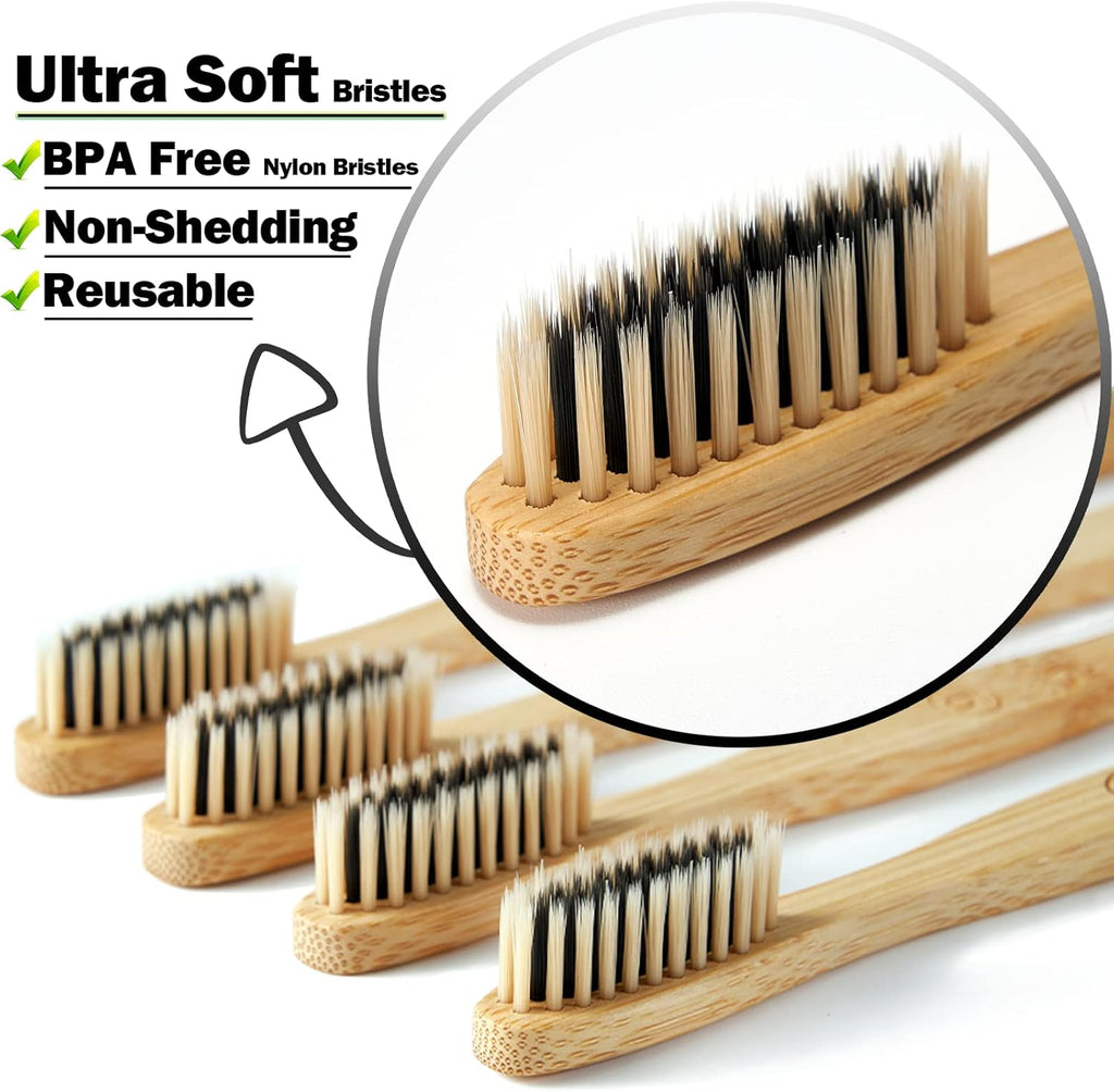 10 Count Bamboo Toothbrush (Soft+Medium) Charcoal Toothbrushes, Natural Wood Toothbrushes, Reusable Travel Toothbrushes
