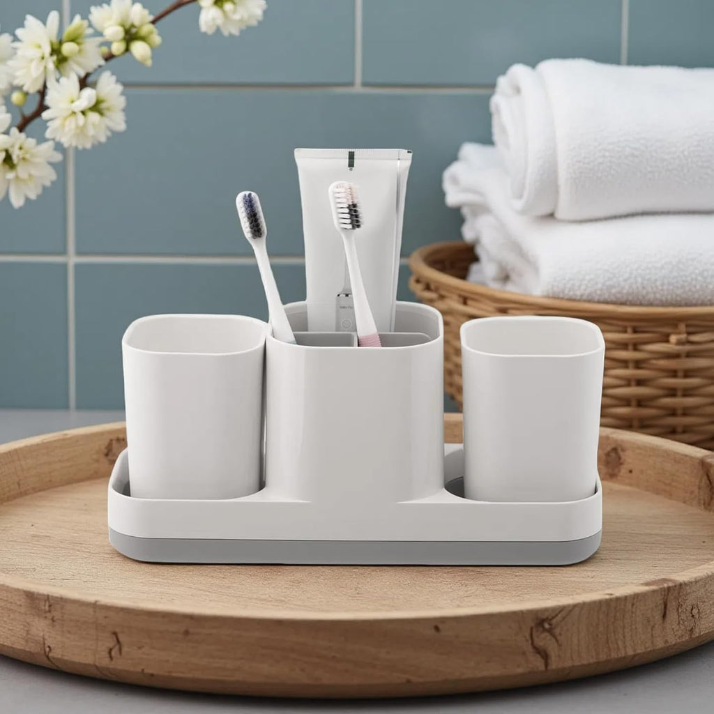 Toothbrush Holder for Bathroom, Electric Toothbrush Holder with Cups, Kids Bathroom Accessories Set with Toothpaste Holder, White