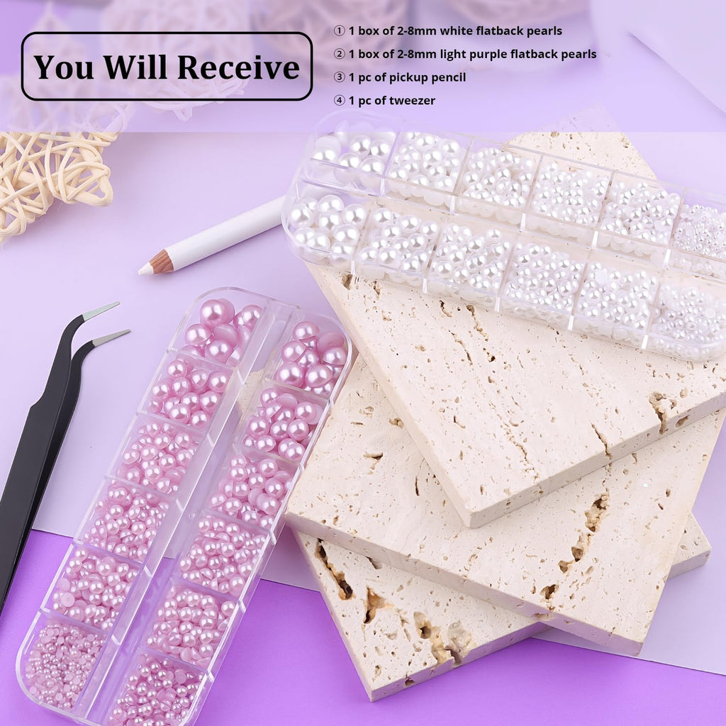 2 Boxes Flat Back Pearls Kit 2 Flatback White&Light Purple Half Round Pearls with Pencil and Tweezer 2-8mm for Face Makeup and Craft