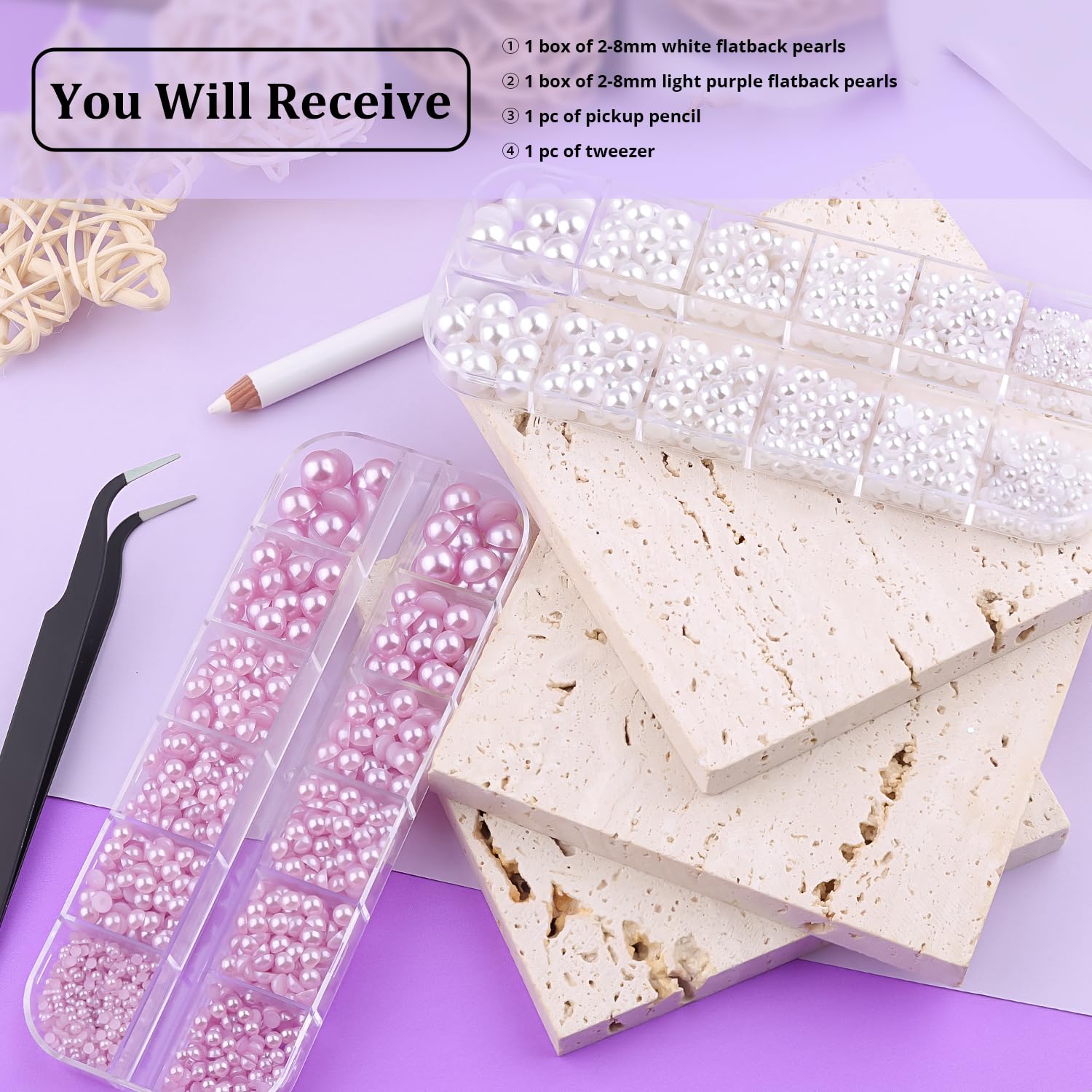 2 Boxes Flat Back Pearls Kit 2 Flatback White&Light Purple Half Round Pearls with Pencil and Tweezer 2-8mm for Face Makeup and Craft
