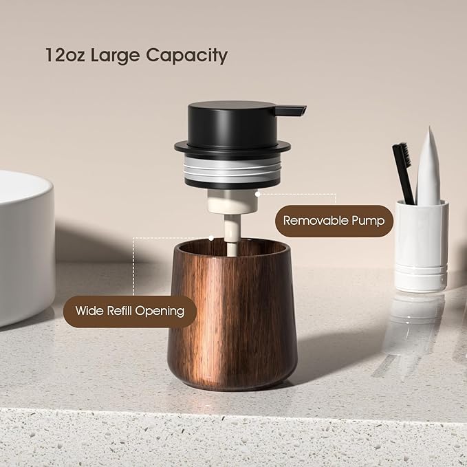 18 Oz Walnut Color Foaming Hand Soap Dispense, Refillable Kitchen Dish Soap Dispenser, Modern Home Decor Soap Dispenser for Bathroom