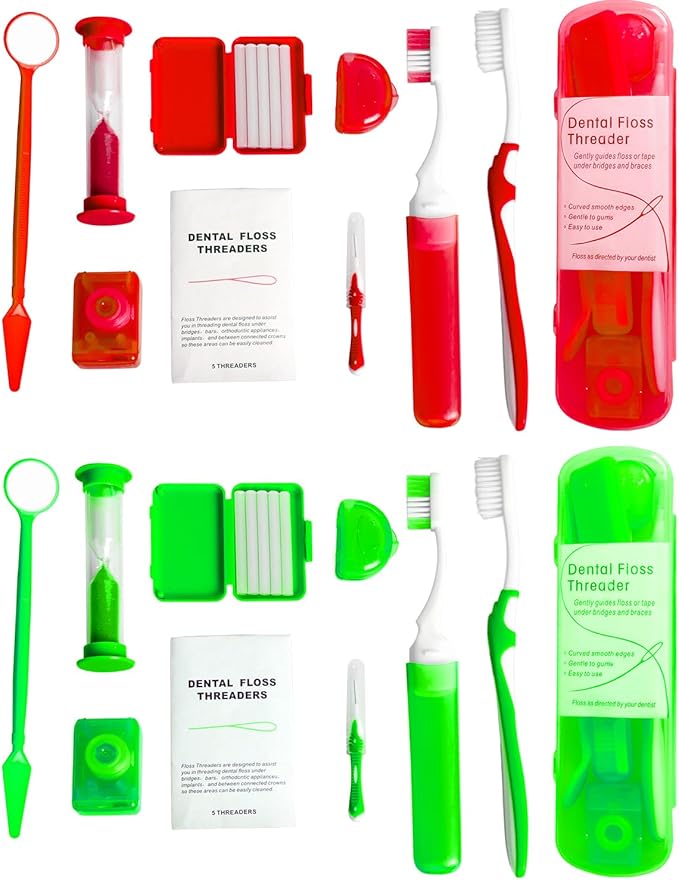 Wenge Portable Orthodontic Oral Care Kit - 2Pack - Travel Kit for Patients, Interdental Brushing Wax Floss Toothbrush Cleaning (Red_Green)
