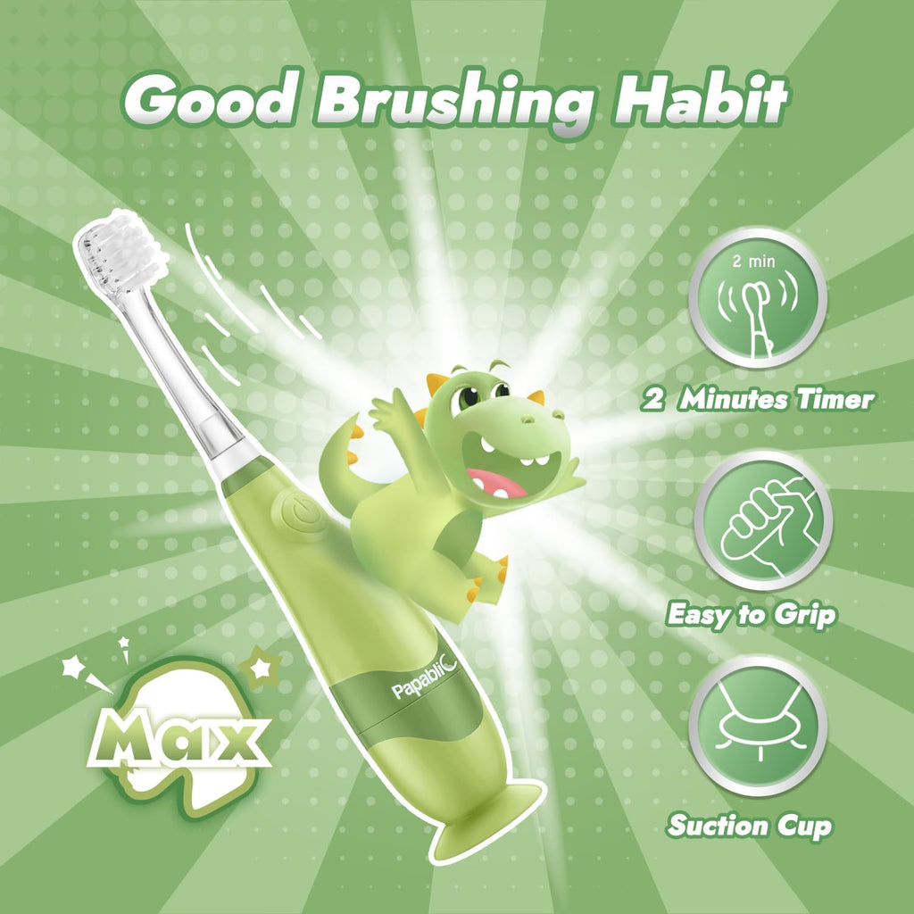 Papablic Toddler Sonic Electric Toothbrush Kids for Ages 1-3 Years, Baby Electric Toothbrush with Cute Dino Cover and Smart LED Timer, 2 Brush Heads (Max)