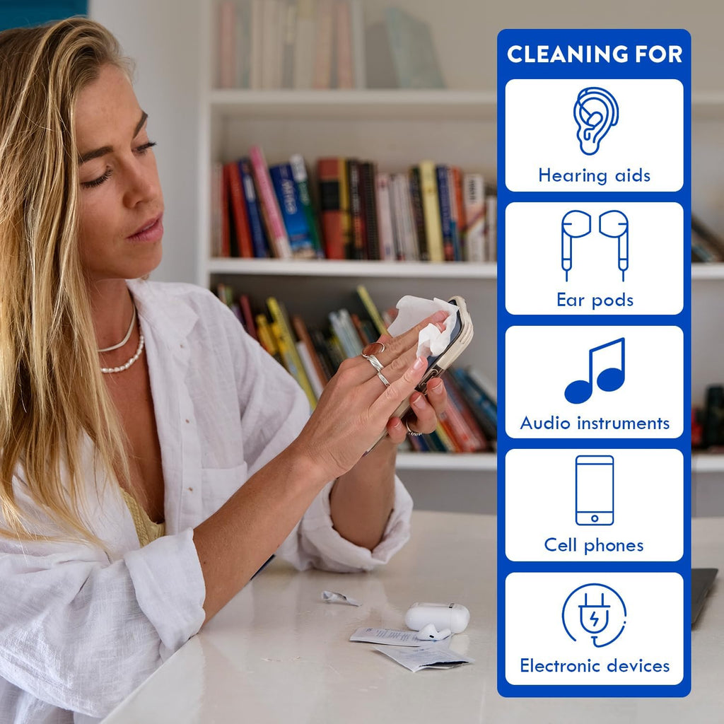 Audio Wipes For Hearing Aids - 100 Pcs, Alcohol-Free, Individually Packaged Cleaning Towelette - Removes Earwax, Dirt and Sweat - For Rubber, Plastic, Silicone & Acrylic