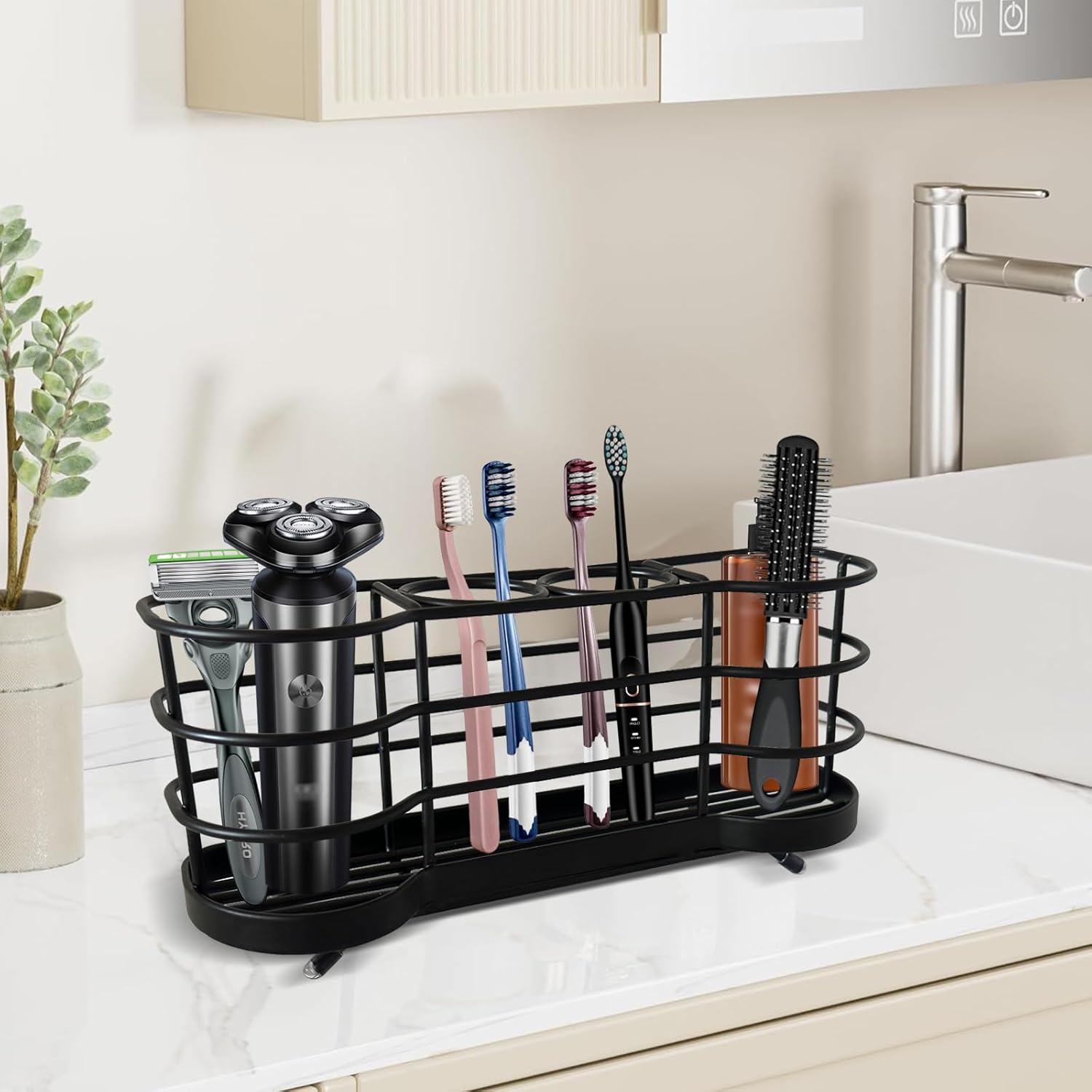 Wall Mount Toothbrush Holder for Shower Stainless Steel Toothbrush Stand, Self-Adhesive Wallmount/Countertop 4 Slots Bathroom Accessories Organizer (Black)