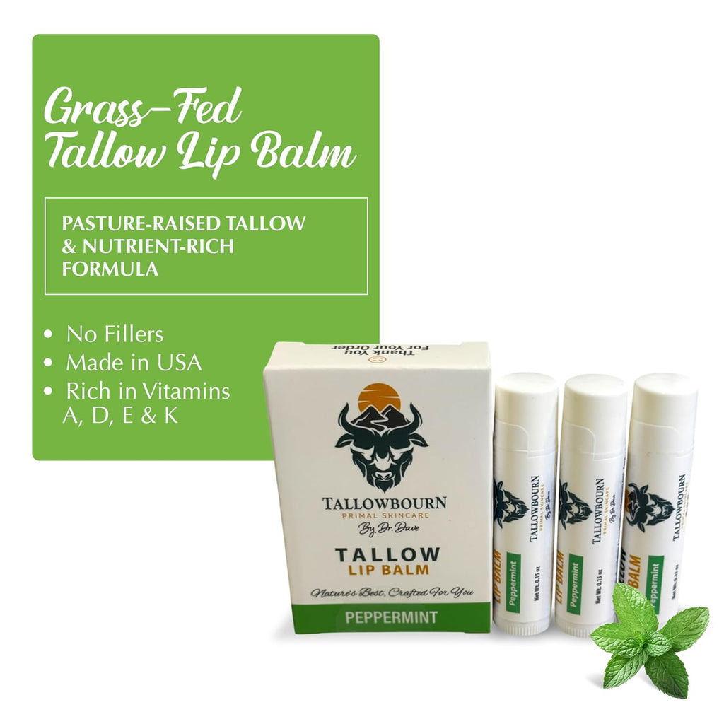 Moisturizing Tallow Lip Balm – Grass-Fed Beef Tallow with Organic Coconut Oil, Beeswax, and Vitamin E – Peppermint – Lip Balm Set – Travel Essential – 3-Pack
