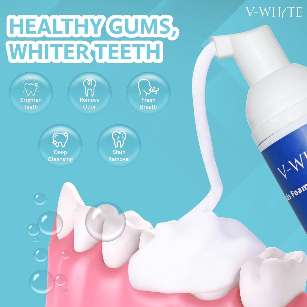V-White Foam Teeth Whitening Toothpaste - Organic Toothpaste Fluoride Free, Alcohol Free, pH Balanced - Deep Cleansing, Stain Removal, Travel Friendly, for Kids & Adults (Large, Blueberry)