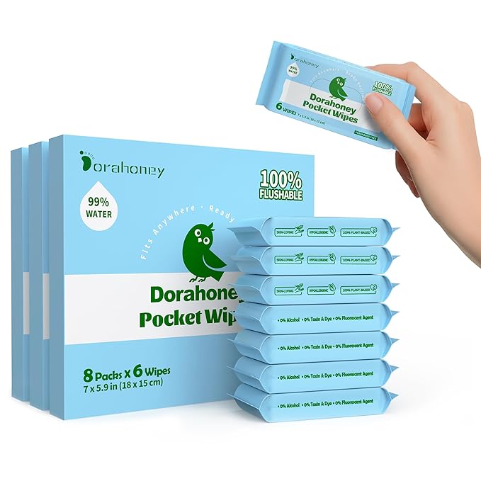 Flushable Wipes Travel Size, 99% Water Mini Wet Wipes for Sensitive Skin, Hypoallergenic & Unscented On The Go Pocket Wipes, 144 Count (24 Packs of 6)