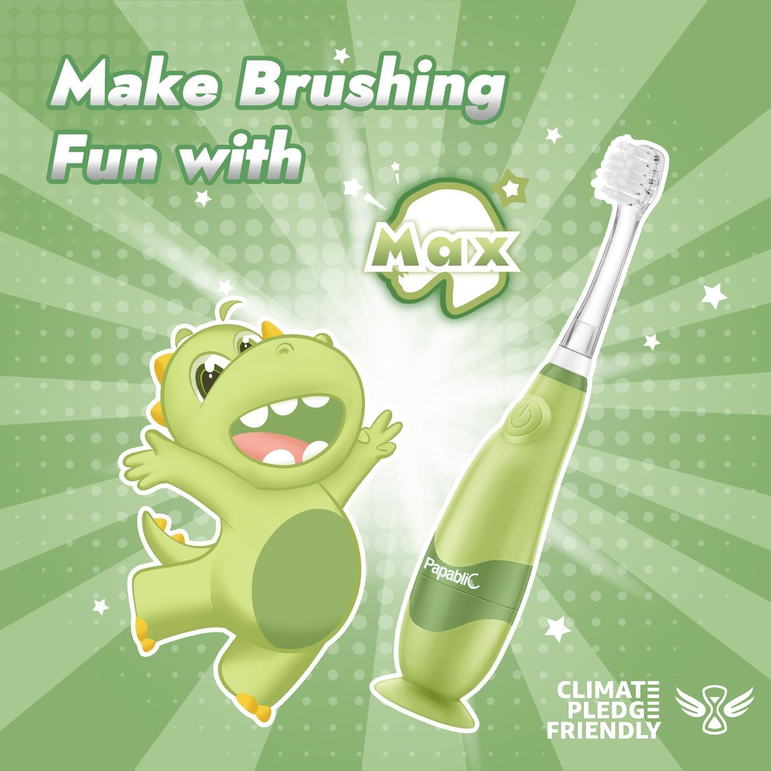 Papablic Toddler Sonic Electric Toothbrush Kids for Ages 1-3 Years, Baby Electric Toothbrush with Cute Dino Cover and Smart LED Timer, 2 Brush Heads (Max)