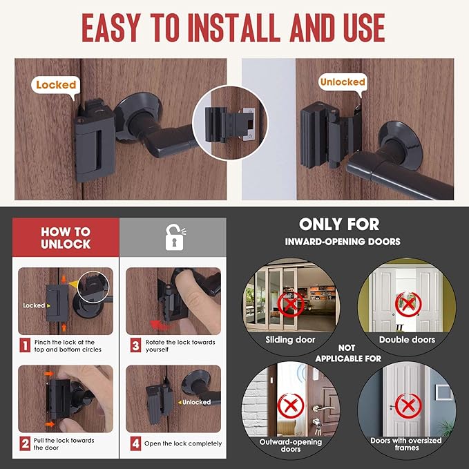 Portable Door Lock for Travel - No Drill Adjustable Latch, Hotel & Apartment Security, Child Proof Interior Defender for Inward Swinging Doors.（Black-1PCS）