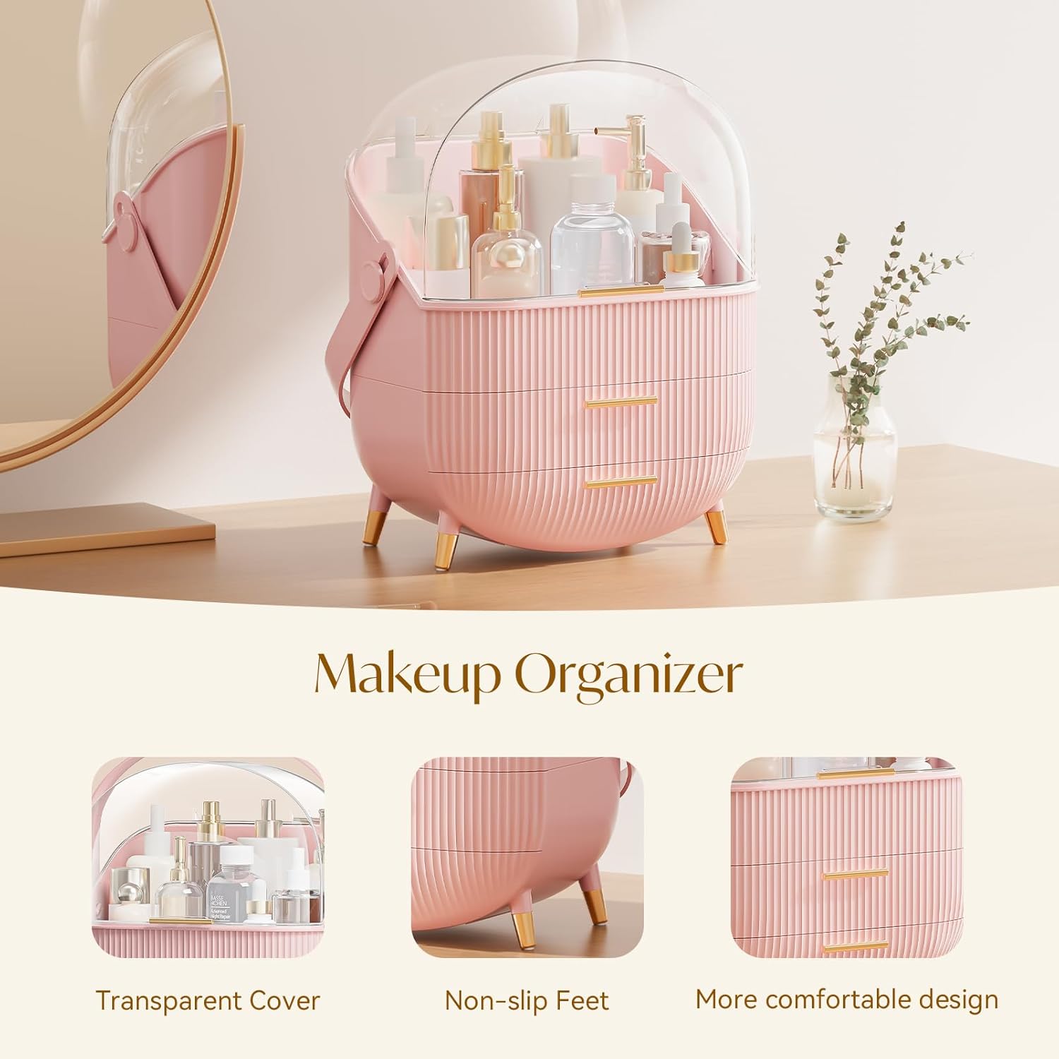 Makeup Organizers, Make Up Organizer for Vanity, Countertop Cosmetic Storage with Drawers and Transparent Cover for Bedroom Bathroom, Pink